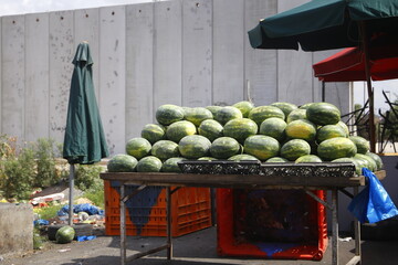 watermelon cart near the Israeli wall. between Israel and West Bank, Qalqilya. west bank, Palestinian Territories, Palestine, July 2, 2021