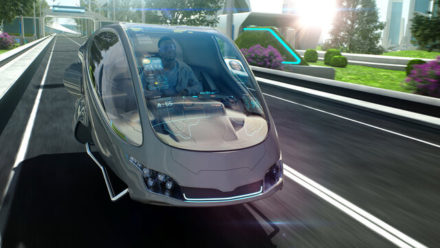 Black man riding anti gravity car and making video call