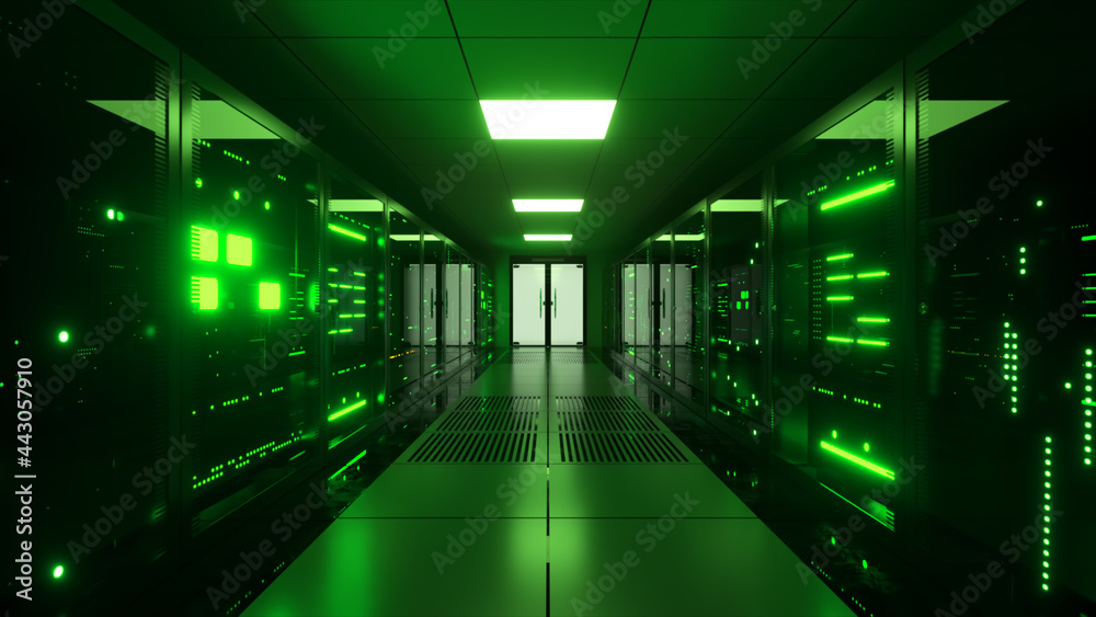 Wall mural digital data transmission to data servers behind glass panels in a data center server room. high spe