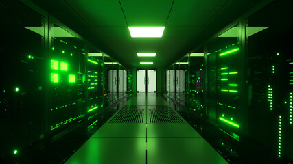 Fototapeta na wymiar Digital data transmission to data servers behind glass panels in a data center server room. High speed digital lines. 3d illustration