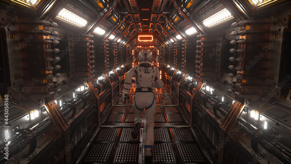 Poster astronaut runs through a tunnel to another compartment of the space gate. spaceship and technology c