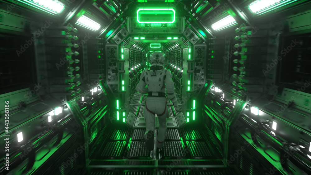 Poster astronaut runs through a tunnel to another compartment of the space gate. spaceship and technology c