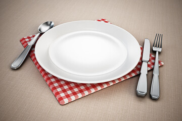 Serving plate, spoon, fork, knife and napkin standing on tablecloth. 3D illustration