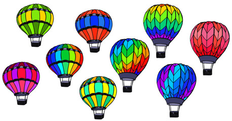 Hot air balloons vector illustration set. Hotair baloons of different colors isolated on white. Vector hot air balloons collection in hand-drawn style. Vivid festival airship flotilla. Sport transport