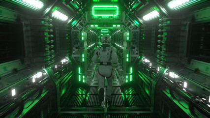 Astronaut runs through a tunnel to another compartment of the space gate. Spaceship and technology concept. 3d illustration