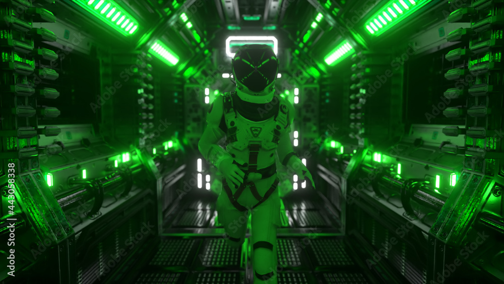 Poster astronaut runs through a tunnel to another compartment of the space gate. spaceship and technology c
