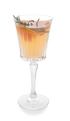 Glass of tasty grapefruit cocktail on white background