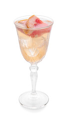 Glass of tasty grapefruit cocktail on white background