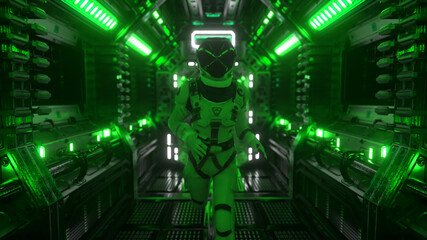 Fototapeta premium Astronaut runs through a tunnel to another compartment of the space gate. Spaceship and technology concept. 3d illustration