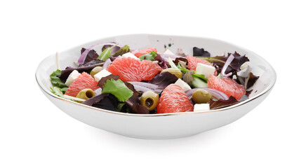 Plate with tasty grapefruit salad on white background