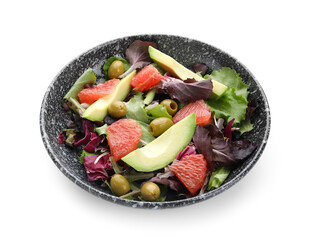 Plate with tasty grapefruit salad on white background