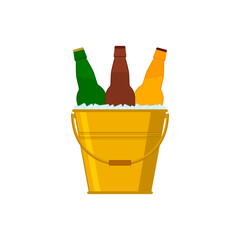 Beer bottles in a metal golden bucket with ice cubes. Vector colored picture and icon on white background.