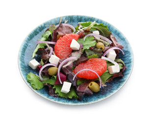 Plate with tasty grapefruit salad on white background