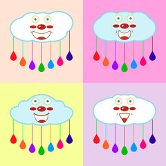 Set of cute cartoon clouds with colorful raindrops and funny faces for kids room decor, card, interior, scrapbooking and other design ideas. Vector drawing.