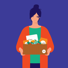 Young Smiling Woman Holding A Box Of Meal Kits With Fresh Food, Raw Ingredients And Recipe Book. Healthy Eating. Home Cook Food.