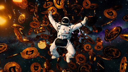 Falling astronaut in outer space surrounded by flying dogecoins. Cryptocurrency concept in space....