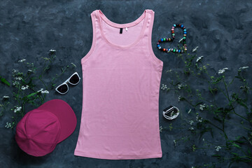 Pink cotton tank top mockup on dark background. Blank plain t-shirt template for creative design. Female summer sunglasses clothing fashion sleeveless undershirt. Casual clothes baseball cap snapback.