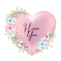 shape valentine pink card decoration with i love you word script watercolor flower