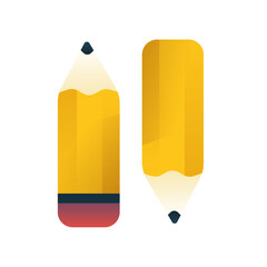 Vector pencil isolated illustration. Set of simple pencils with eraser or rubber and without. Bright yellow writing tool with gradient and shadow effects.