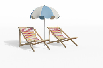 side view of bamboo beach chair isolated with umbrella sun cover on white background, native pattern painting into sea beach chair, image on 3d rendering with clipping path included