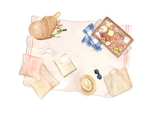Picnic blanket with pillows, wooden tray with food, snacks, wine - Watercolor hand painted illustration. Perfect for picnic cards