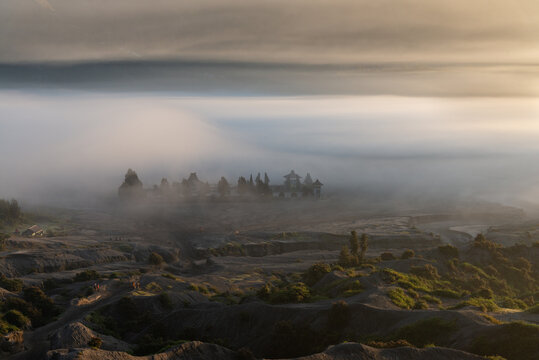 Fog over temple on Mount Bromo, Bromo-Tengger-Semeru National Park, East Java, Indonesia