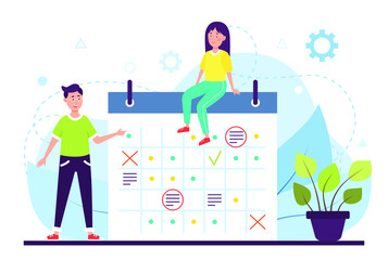 Time management concept or calendar planner. Girl and boy planning with the big calendar. Cute vector illustration in flat style