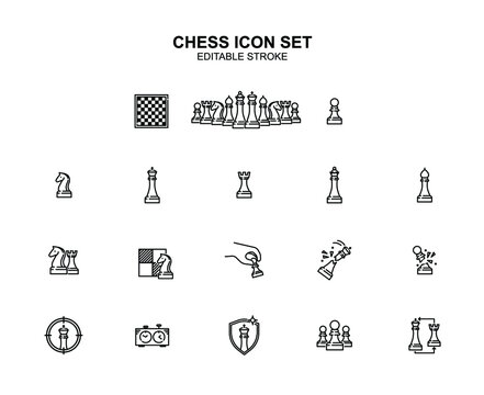 Chess vector icon set. Editable stroke. Game illustration. Chessboard, pawn, horse, bishop, king, knigt, winner, looser, strategy, aim, lose.