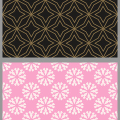 Trendy background patterns with simple geometric elements. Set. Used colors: pink, black, gold, white, wallpaper. Seamless pattern, texture. Vector illustration