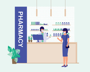 Female Pharmacist With Protective Face Mask Serving Customer. Pharmacy Concept. Vector Illustration. Customer Visiting Drugstore.