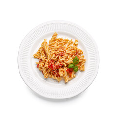 Plate with healthy pasta on white background