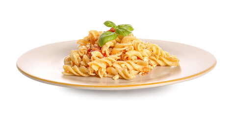 Plate with healthy pasta on white background