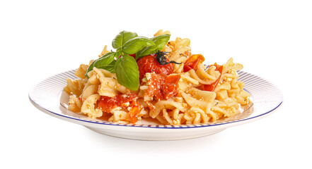 Plate with healthy pasta on white background