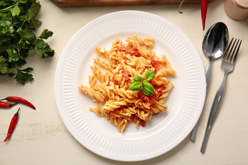 Plate with healthy pasta on table