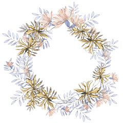 Fototapeta na wymiar WATERCOLOR ILLUSTRATION FLORAL WREATH OF DELICATE FLOWERS AND LEAVES