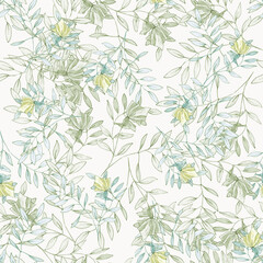 watercolor illustration seamless pattern floral pattern of monochrome flowers and gentle pink on a green stem,gray background,for wallpaper,fabric or furniture