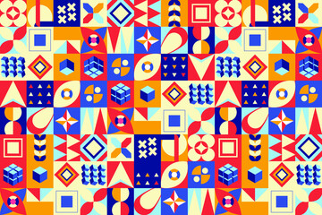 Colored neo geo background. Modern grid flyer with geometric shapes, geometry graphics. Abstract vector pattern design for web banner, business presentation, branding package, fabric print, wallpaper.