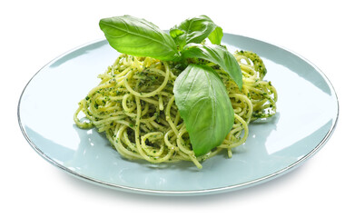 Plate with tasty pesto pasta on white background