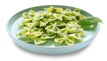 Plate with tasty pesto pasta on white background