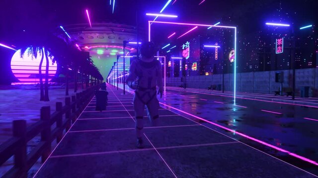 Astronaut running in neon city in cyberpunk style. Retro wave 80s background. Retro style. Futuristic concept. 3d animation of seamless loop