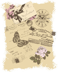 Vintage background with letters, roses, butterfly and clock  for congratulations and invitations.