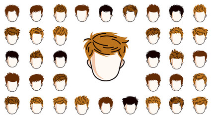 Boy hairstyles heads vector illustrations set isolated on white background, early teen kid boy attractive beautiful haircuts collection, different hair color.