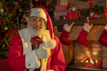 Festive interior inside wooden house, New Year's cheerful mood Spirit of Christmas