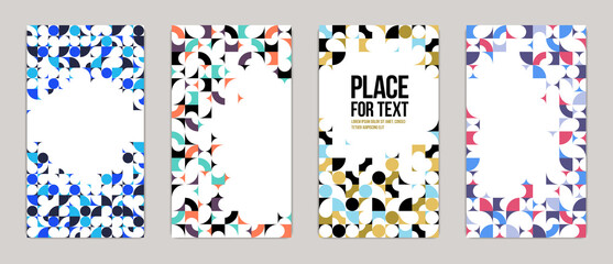 Geometric design covers vector set, colorful modular constructor design backgrounds, flyer templates in retro 70s style, art pattern square and circle shapes.