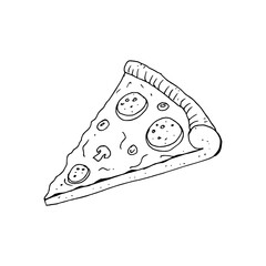 Pizza slice with melted cheese and pepperoni. Decoration for greeting cards, posters. Vector illustration.