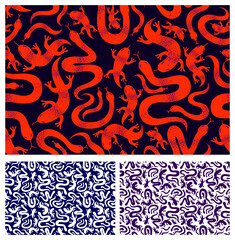 Snakes and lizards seamless textile, vector background with a lot of reptiles endless texture, stylish fabric or wallpaper design, dangerous poisoned wild animals.