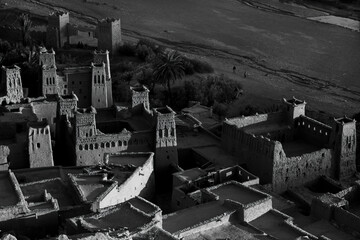 Ait Ben Haddou at the last lights of sunset, black and white