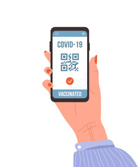 QR code with vaccine passport. Check of safety from covid-19. Female hand holding smartphone with electronic result on digital screen. Vector illustration in flat cartoon style.