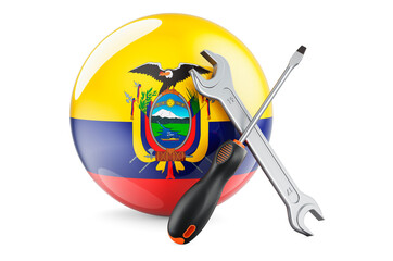 Service and repair in Ecuador concept. Screwdriver and wrench with Ecuadorian flag, 3D rendering
