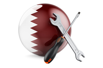 Service and repair in Qatar concept. Screwdriver and wrench with Qatari flag, 3D rendering